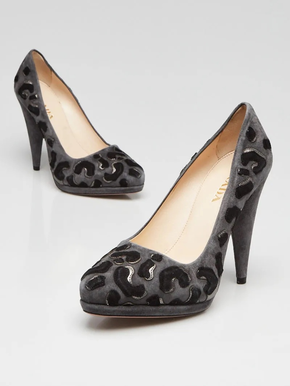 Prada Stiletto Heels Charcoal Grey Black Silver Suede Animal Leopard 39.5 US 9